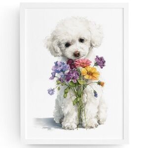 Watercolor Miniature Poodle with Flowers Wall Art Print, Unframed - Whimsical